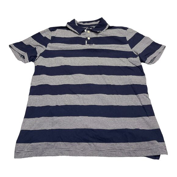Arizona Jeans Polo Shirt Men's Large White Navy Striped 100% Cotton Short Sleeve - Picture 1 of 6